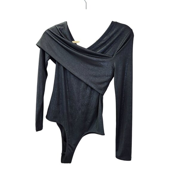 NWT BCBGMaxAzria Blue Metallic Drape Neck Bodysuit Size Small - Picture 2 of 7